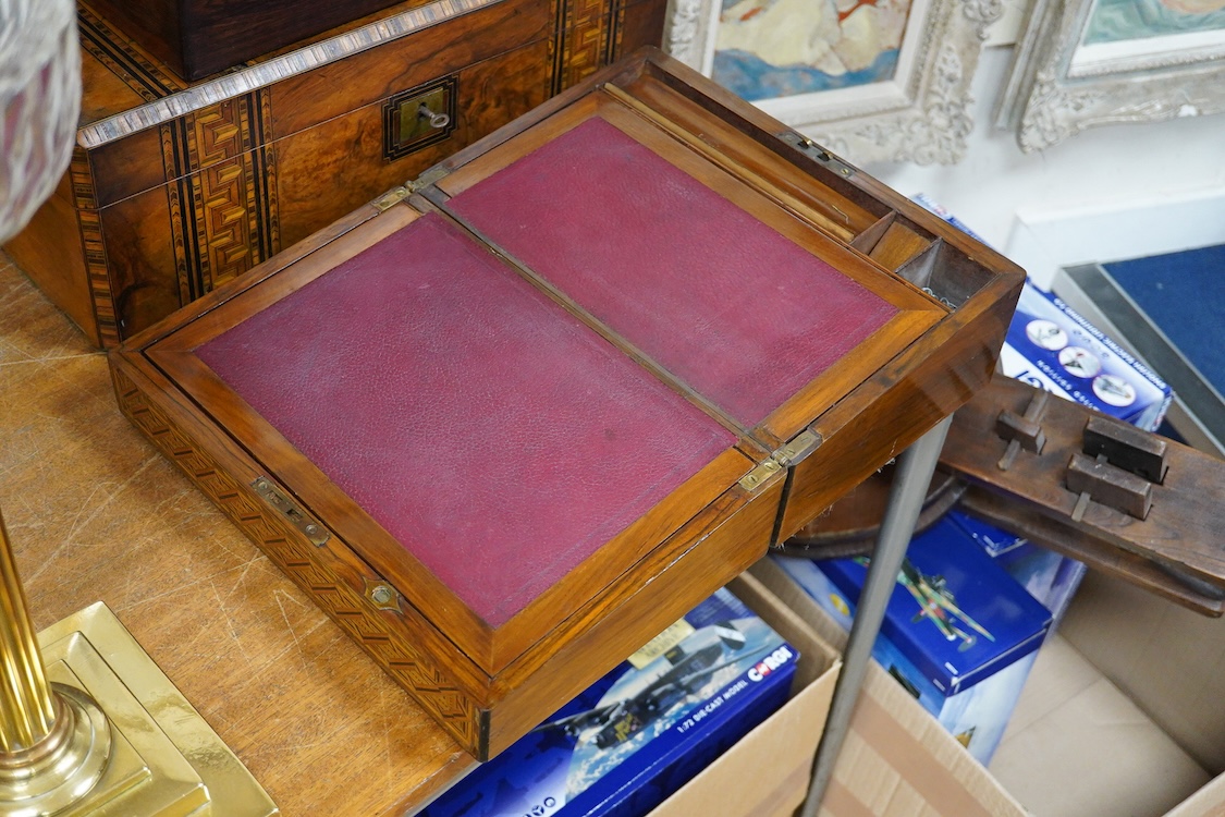 Two Victorian bandwork writing slopes and another rosewood box, one with key, largest 50cm wide
